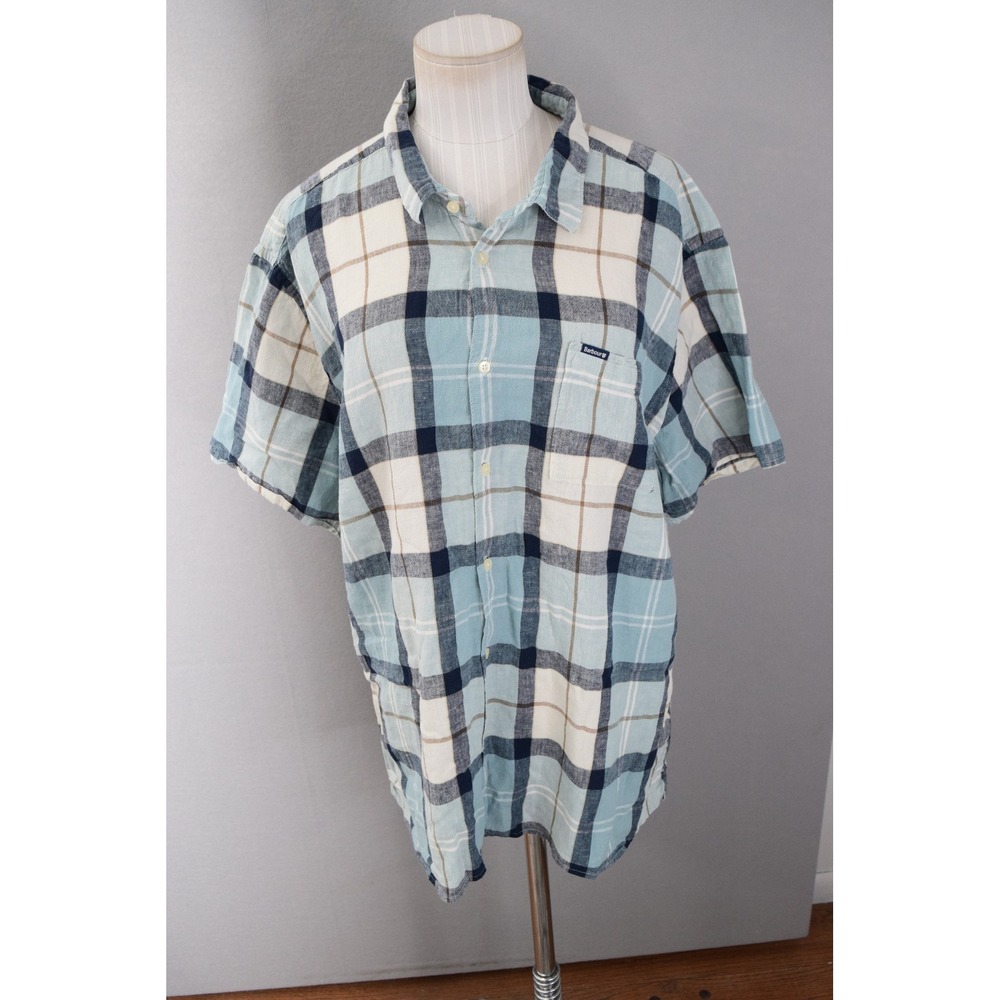 Barbour Shirt XL Mens Regular Fit Plaid Short Sleeve Button Up Blue Cream Navy